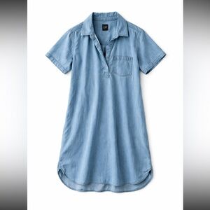 GAP Chambray Shirt Dress Woman XL Blue Short Sleeve Pocket Casual Denim Coastal